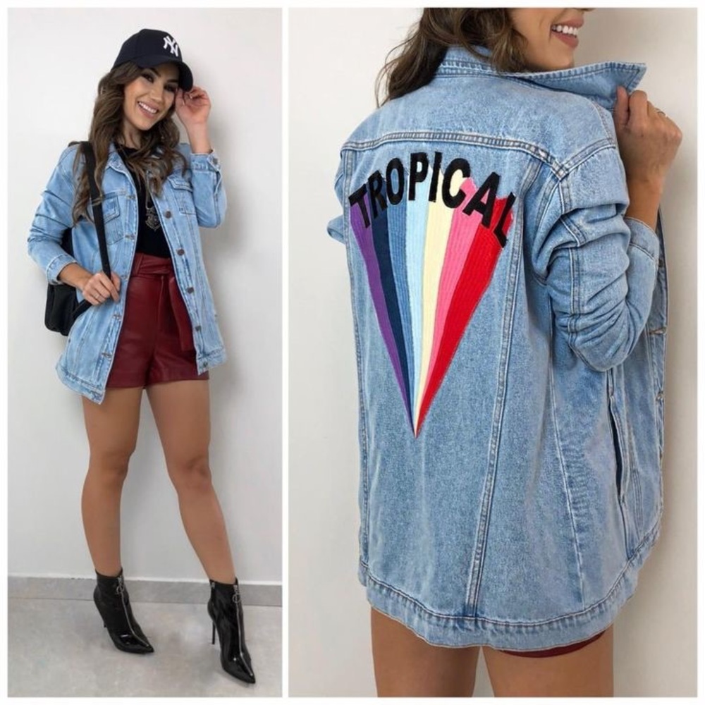 SOLD FARM RIO tropical embroidery jean jacket